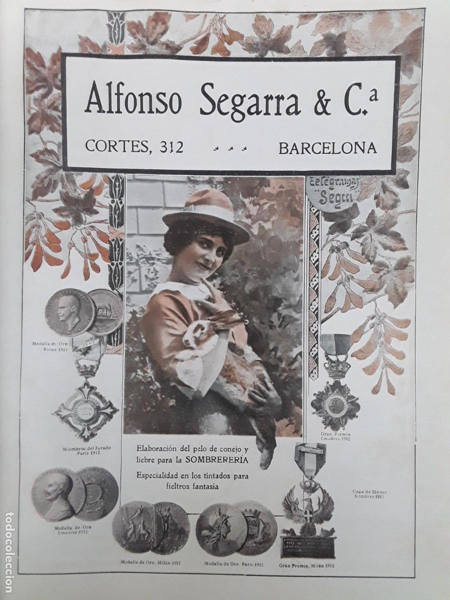 Sammeln von Plakaten: ELABORACION DEL PELO CONEJO Y LIEBRE PARA SOMBRERERIA ALFONSO SEGARRA Y C&ordf; BARCELONA A&Ntilde;O 1913