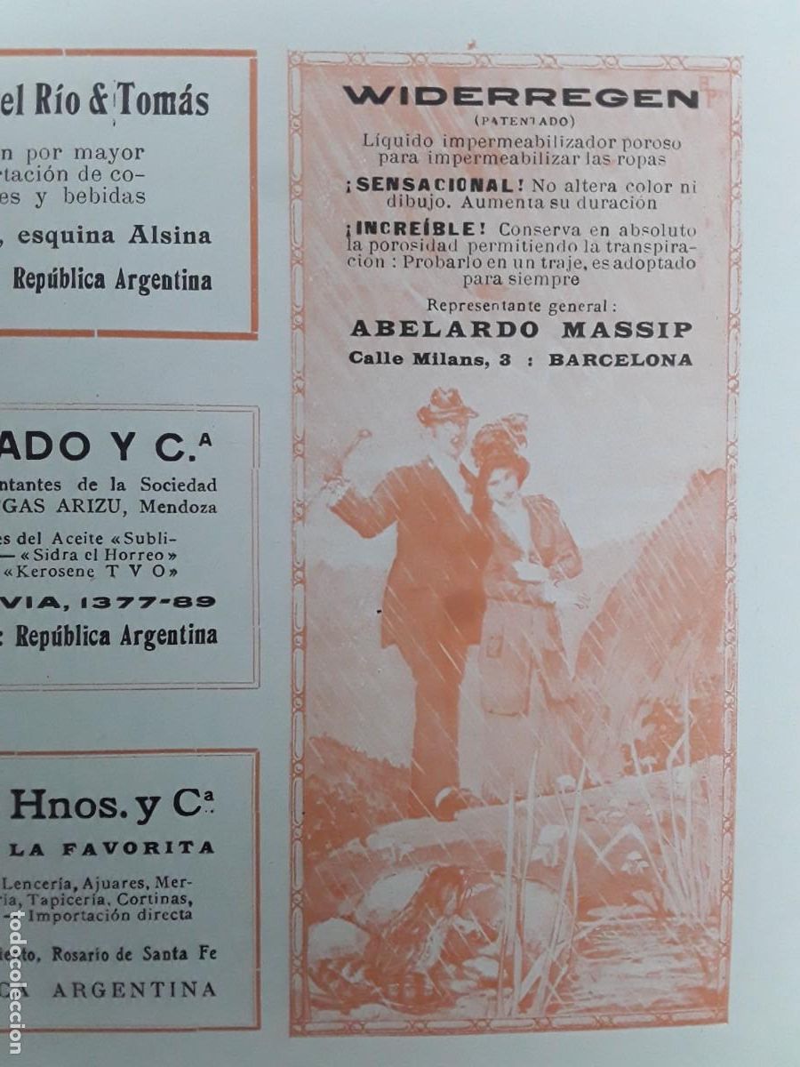 Collectionnisme d'affiches: WIDERREGEN LIQUIDO IMPERMEABILIZADOR ROPAS ABELARDO MASSIP BARCELONA HOJA A&Ntilde;O 1913