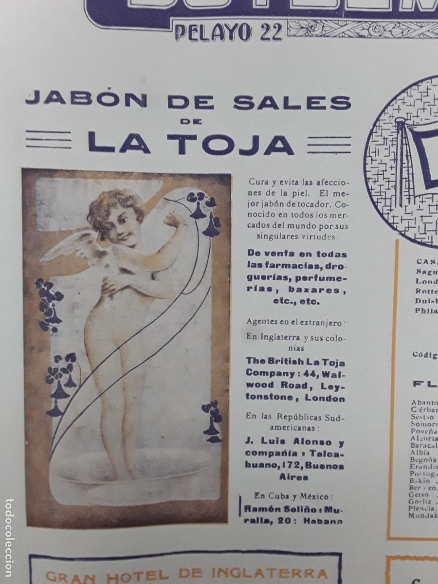 Sammeln von Plakaten: JABON DE SALES LA TOJA CURA AFECCIONES PIEL JABON TOCADOR FARMACIAS HOJA A&Ntilde;O 1913