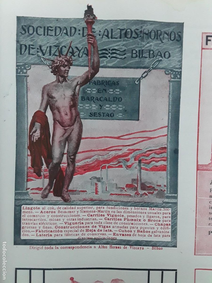 Collectionnisme d'affiches: SOCIEDAD DE ALTOS HORNOS DE VIZCAYA FABRICAS EN BARACALDO Y SESTAO LINGOTE ACERO HOJA A&Ntilde;O 1913