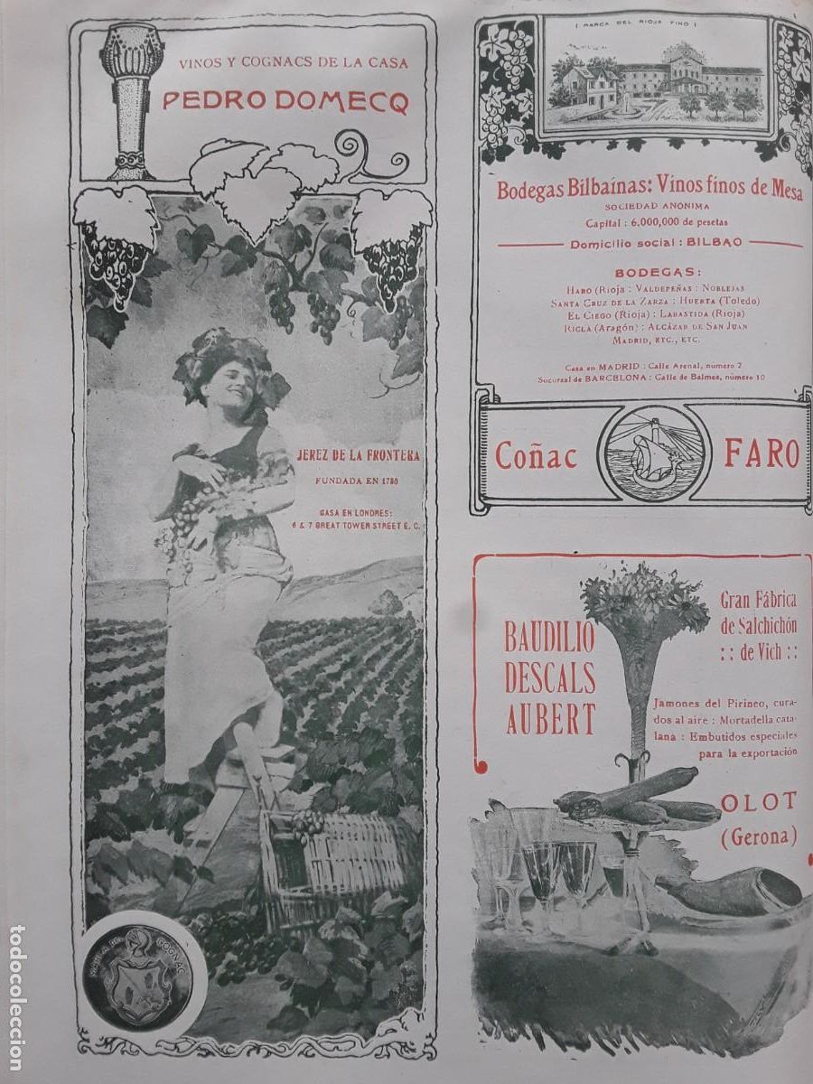 Collectionnisme d'affiches: VINOS Y COGNACS DE LA CASA PEDRO DOMECQ JEREZ DE LA FRONTERA HOJA A&Ntilde;O 1913