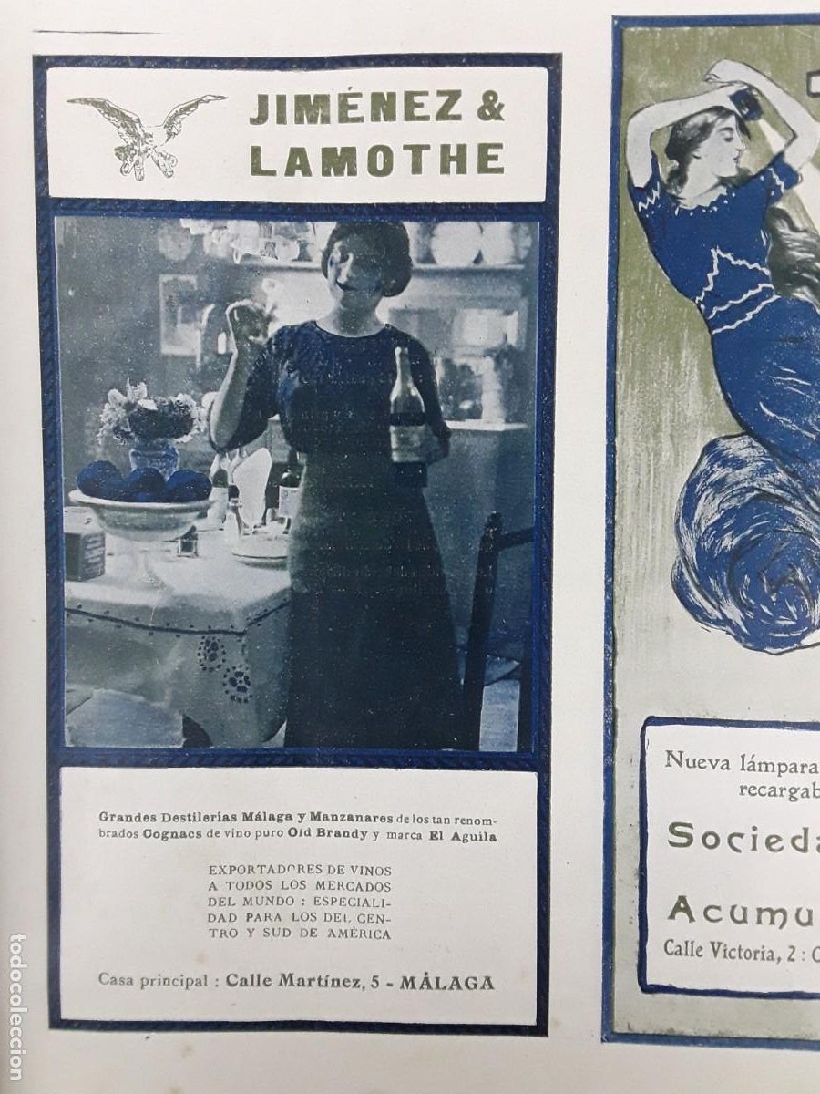 Collectionnisme d'affiches: JIMENEZ & LAMOTHE DESTILERIAS MALAGA Y MANZANARES COGNACS VINO PURO OLD BRANDY MALAGA A&Ntilde;O 1913