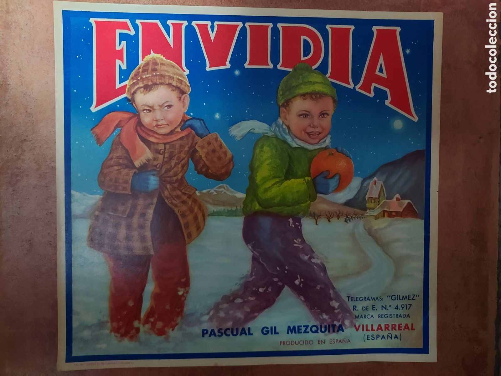 Coleccionismo de carteles: Etiqueta naranjas Envidia - Pascual Gil Mezquita - Villarreal