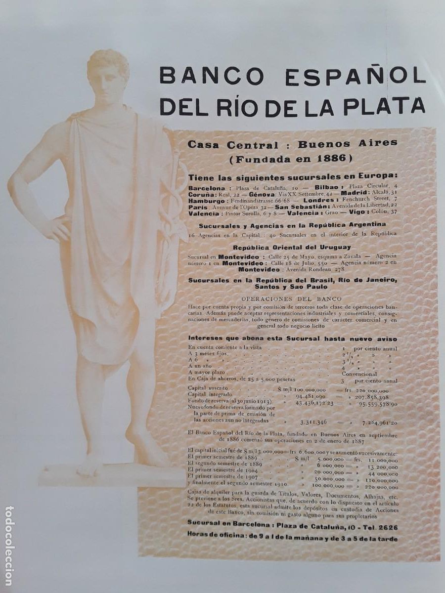 Collectionnisme d'affiches: BANCO ESPA&Ntilde;OL DEL RIO DE LA PLATA BUENOS AIRES ARGENTINA HOJA A&Ntilde;O 1913