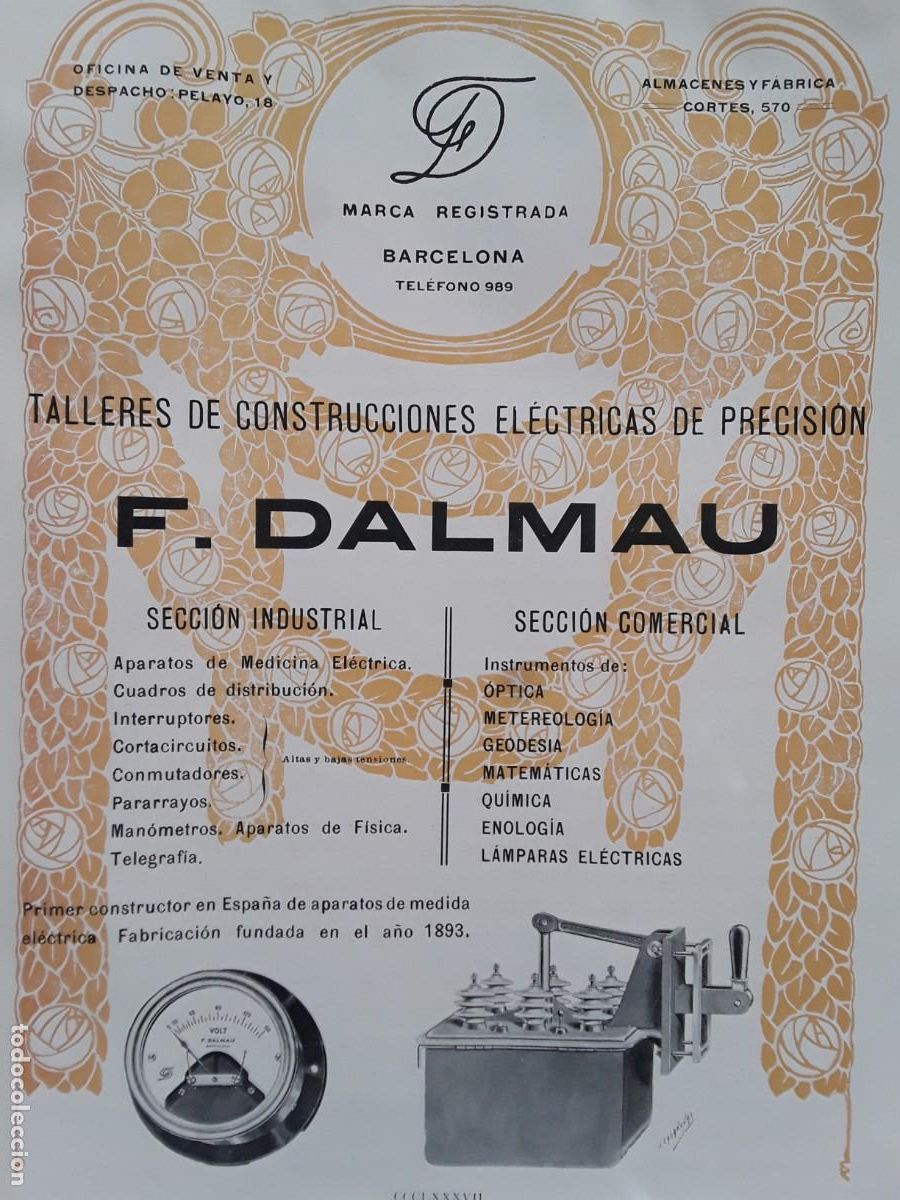 Colecionismo de cartazes: TALLERES DE CONSTRUCCION ELECTRICAS DE PRECISION F.DALMAU BARCELONA MEDIDA ELECTRICA A&Ntilde;O 1913