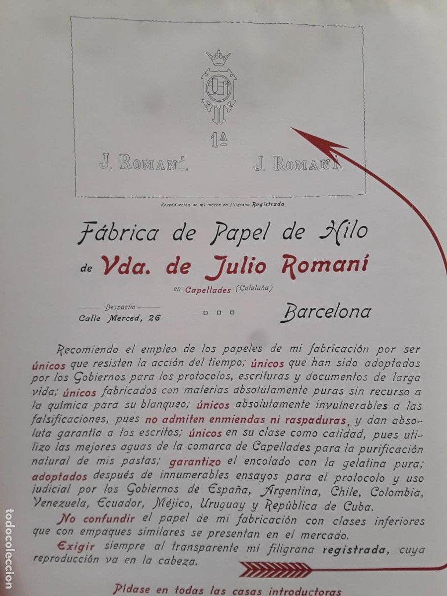 Colecionismo de cartazes: FABRICA DE PAPEL DE HILO DE VIUDA DE JULIO ROMANI BARCELONA CAPELLADES HOJA A&Ntilde;O 1913