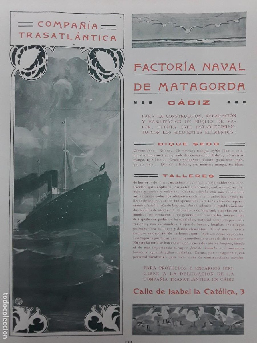 Coleccionismo de carteles: COMPA&Ntilde;IA TRASATLANTICA FACTORIA NAVAL DE MATAGORDA CADIZ MEDIDAS 23 X 30 CM HOJA A&Ntilde;O 1913