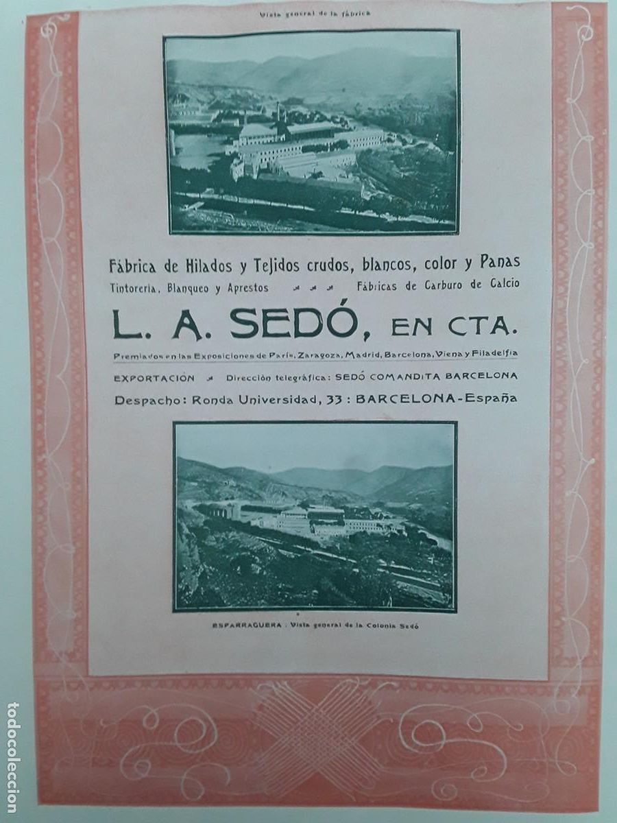 Colecionismo de cartazes: FABRICA HILADOS TEJIDOS L.A.SEDO COLONIA BARCELONA ESPARRAGUERA MEDIDAS 23 X 30 CM HOJA A&Ntilde;O 1913