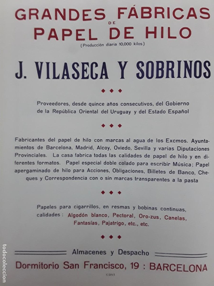 Coleccionismo de carteles: GRANDES FABRICAS PAPEL HILO J.VILASECA Y SOBRINOS BARCELONA MEDIDAS 23 X 30 CM HOJA A&Ntilde;O 1913