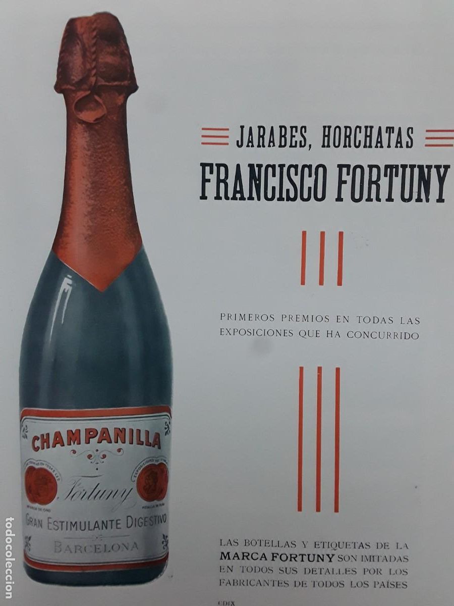 Collezionismo di affissi: JARABES HORCHATAS FRANCISCO FORTUNY CHAMPANILLA ESTIMULANTE DIGESTIVO MEDIDAS 23 X 30 CM A&Ntilde;O 1913