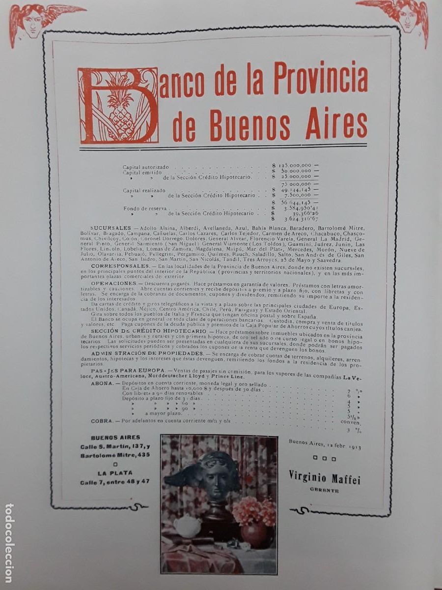 Collectionnisme d'affiches: BANCO DE LA PROVINCIA DE BUENOS AIRES HOJA REVISTA A&Ntilde;O 1913