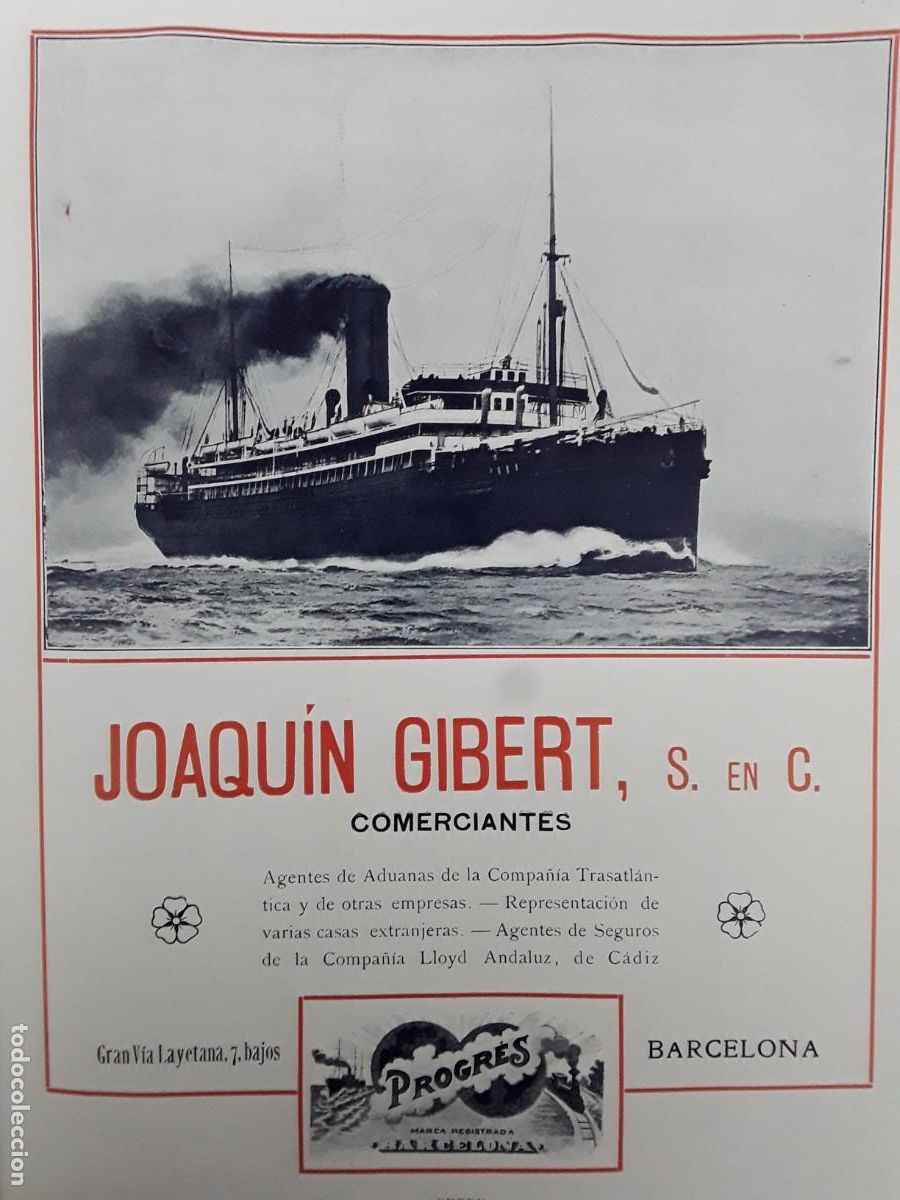 Coleccionismo de carteles: JOAQUIN GIBERT COMERCIANTES MARCA PROGRES BARCELONA COMPA&Ntilde;IA TRASATLANTICA HOJA A&Ntilde;O 1913