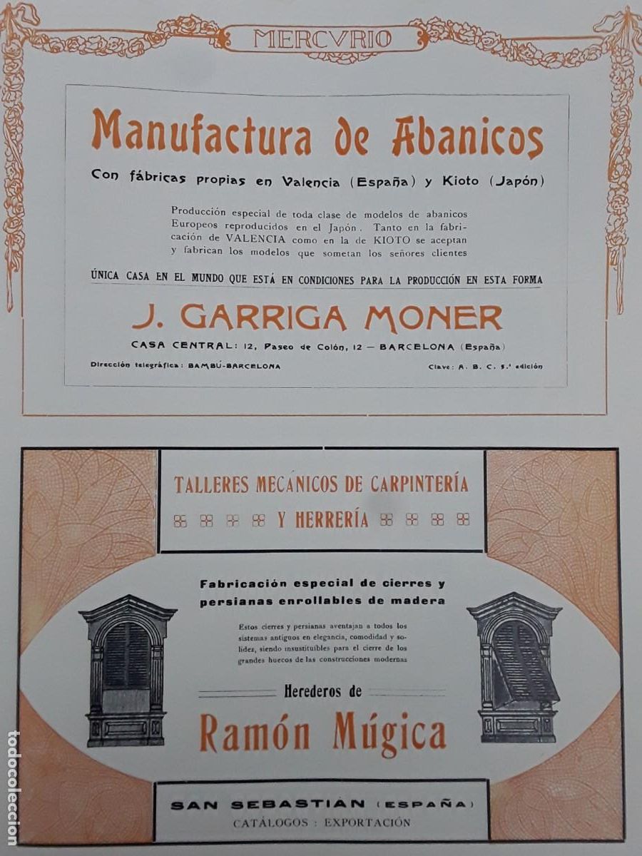 Coleccionismo de carteles: MANUFACTURA ABANICOS J.GARRIGA MONER FABRICAS VALENCIA KIOTO JAPON BARCELONA HOJA 1913