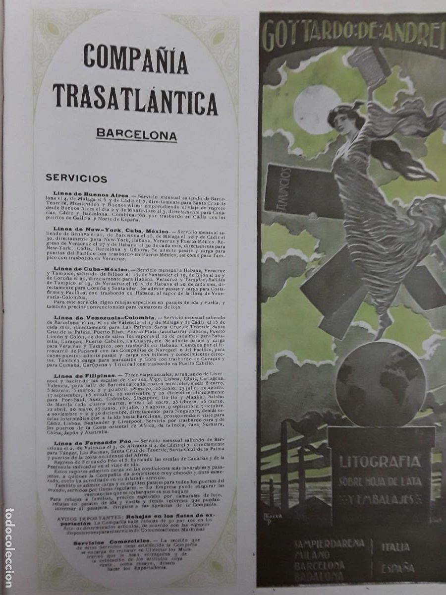 Coleccionismo de carteles: COMPA&Ntilde;IA TRASATLANTICA BARCELONA LINEA MARITIMA HOJA 1913
