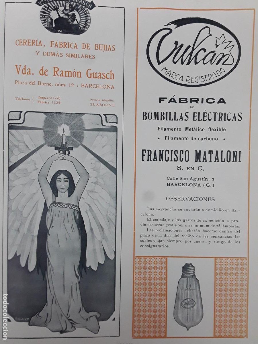 Coleccionismo de carteles: FABRICA DE BOMBILLAS ELECTRICAS FRANCISCO MATALONI BARCELONA MARCA VULCANO HOJA 1913