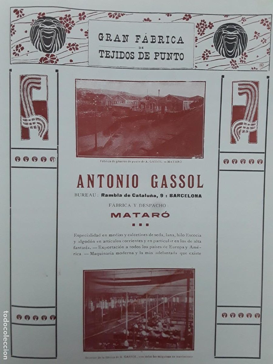 Collectionnisme d'affiches: GRAN FABRICA TEJIDOS PUNTO ANTONIO GASSOL MATARO MEDIDAS 23 X 30 CM HOJA 1913