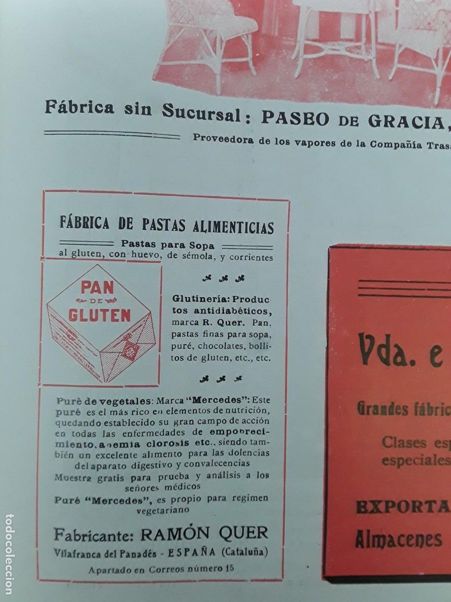 Coleccionismo de carteles: FABRICA DE PASTAS ALIMENTCIAS RAMON QUER VILAFRANCA PANADES PAN DE GLUTEN SOPAS HOJA A&Ntilde;O 1913