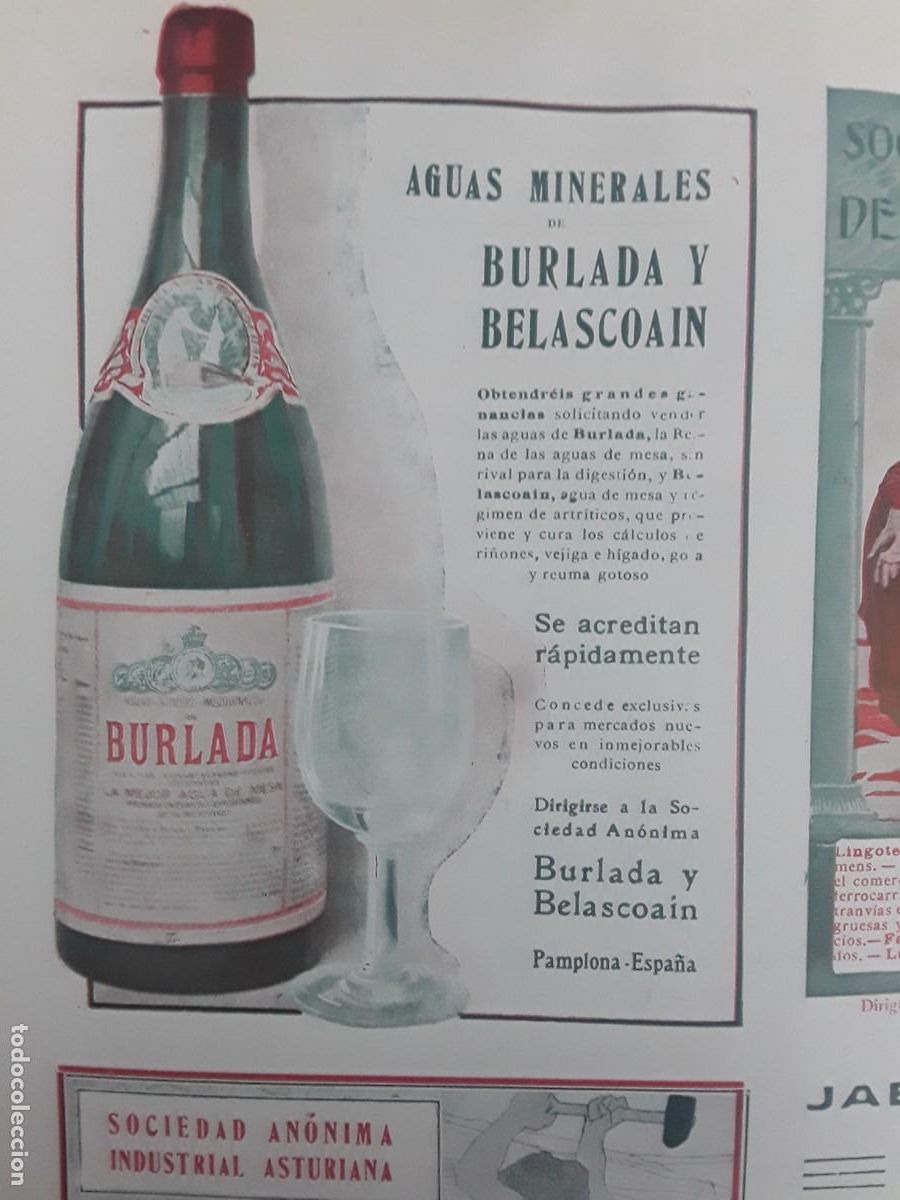 Collectionnisme d'affiches: AGUAS MINERALES BURLADA BELASCOAIN PAMPLONA AGUA MESA IDEAL DIGESTION HOJA A&Ntilde;O 1913