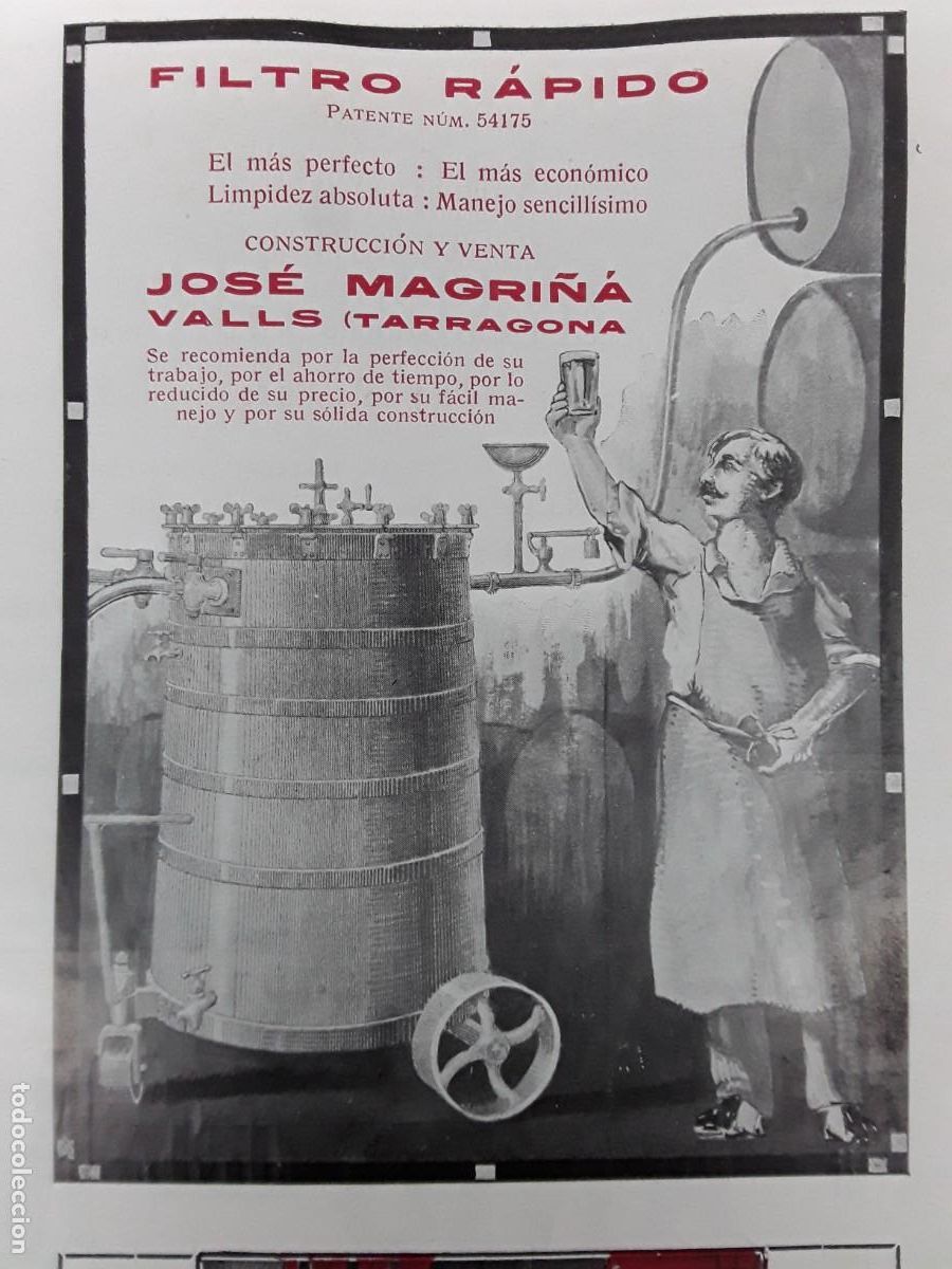 Collectionnisme d'affiches: FILTRO RAPIDO JOSE MAGRI&Ntilde;A VALLS TARRAGONA PATENTE HOJA A&Ntilde;O 1913