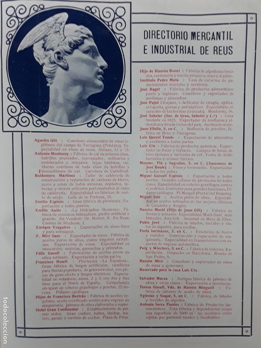 Coleccionismo de carteles: REUS DIRECTORIO MERCANTIL E INDUSTRIAL FABRICA MOSAICOS HIDRAULICOS EMILIO AULES HOJA A&Ntilde;O 1913