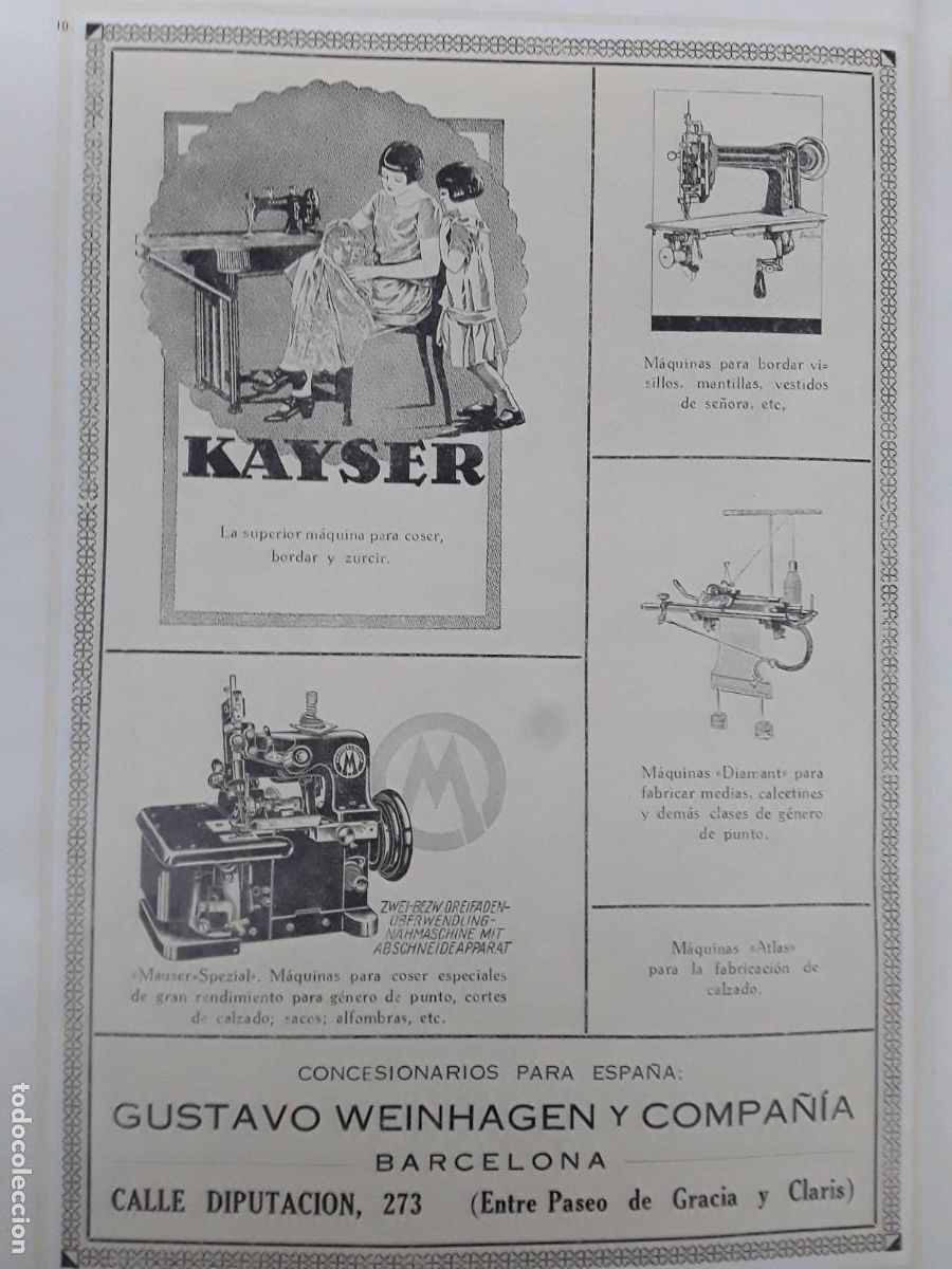 Colecionismo de cartazes: MAQUINA COSER KAISER MAUSER-SPEZIAL DIAMANT ATLAS GUSTAVO WEINHAGEN BARCELONA HOJA 1928