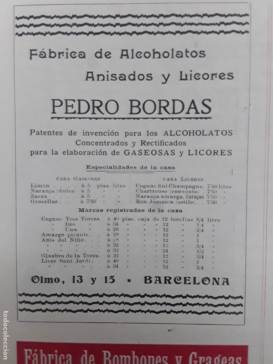 Colecionismo de cartazes: FABRICA DE ALCOHOLATOS ANISADOS LICORES PEDRO BORDAS GASEOSAS BARCELONA HOJA A&Ntilde;O 1902