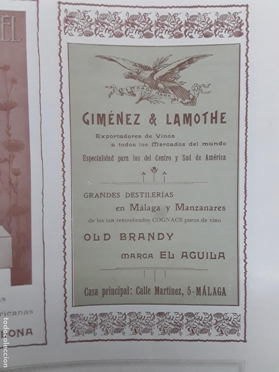 Colecionismo de cartazes: GIMENEZ & LAMOTHE DESTILERIAS EN MALAGA Y MANZANARES VINOS COGNACS AGUILA HOJA REVISTA A&Ntilde;O 1902