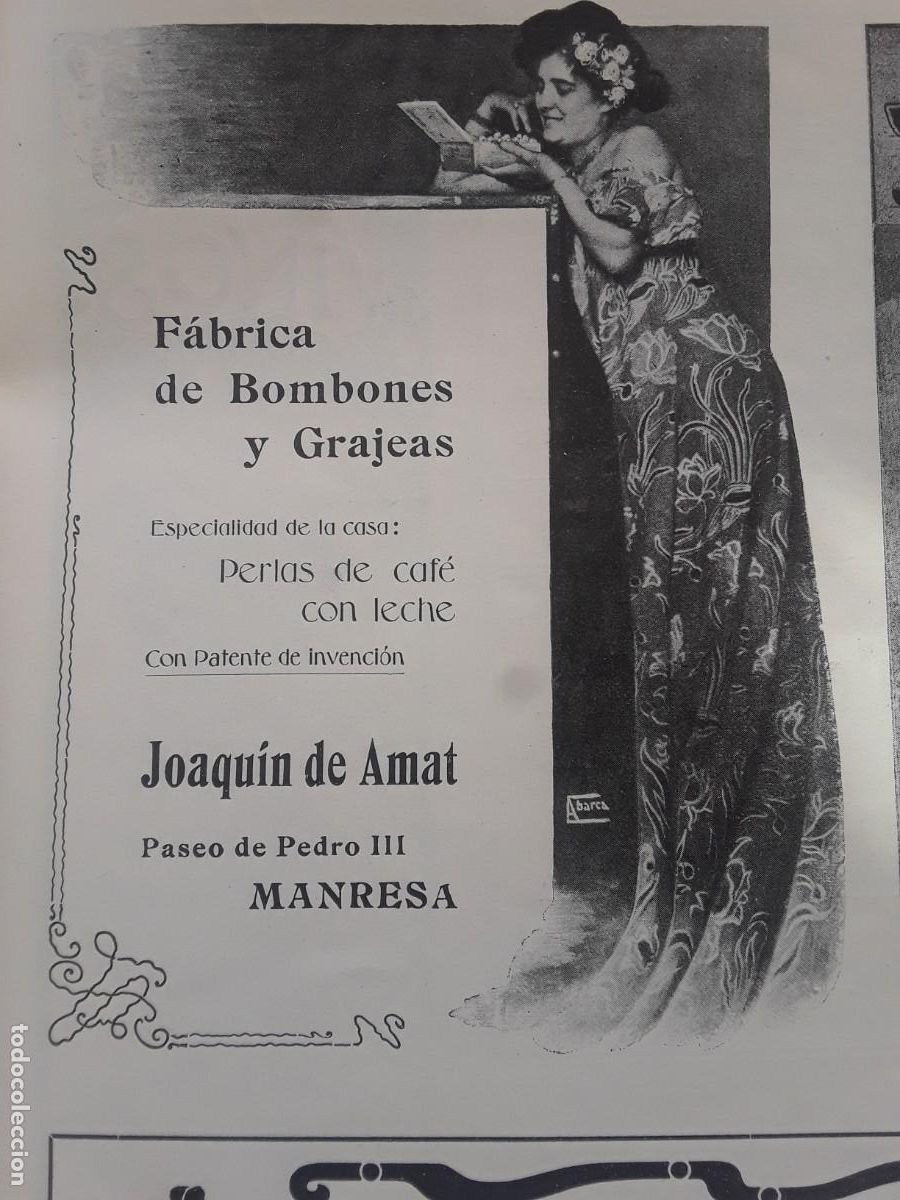 Coleccionismo de carteles: FABRICA DE BOMBONES Y GRAGEAS PERLAS CAFE CON LECHE JOAQUIN DE AMAT MANRESA HOJA REVISTA A&Ntilde;O 1902