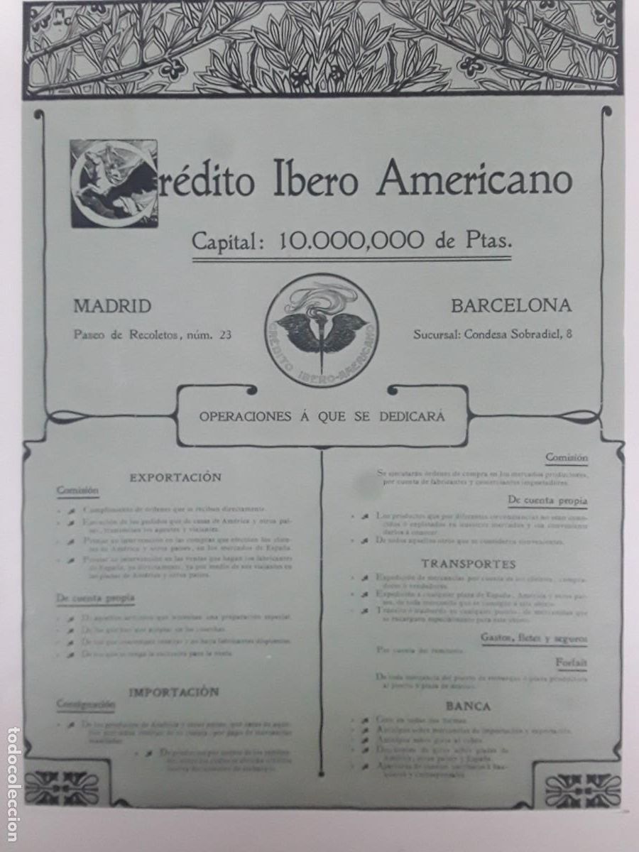 Coleccionismo de carteles: CREDITO IBERO AMERICANO CAPITAL 10.000.000 DE PTAS MADRID BARCELONA HOJA PUBLICIDAD A&Ntilde;O 1903