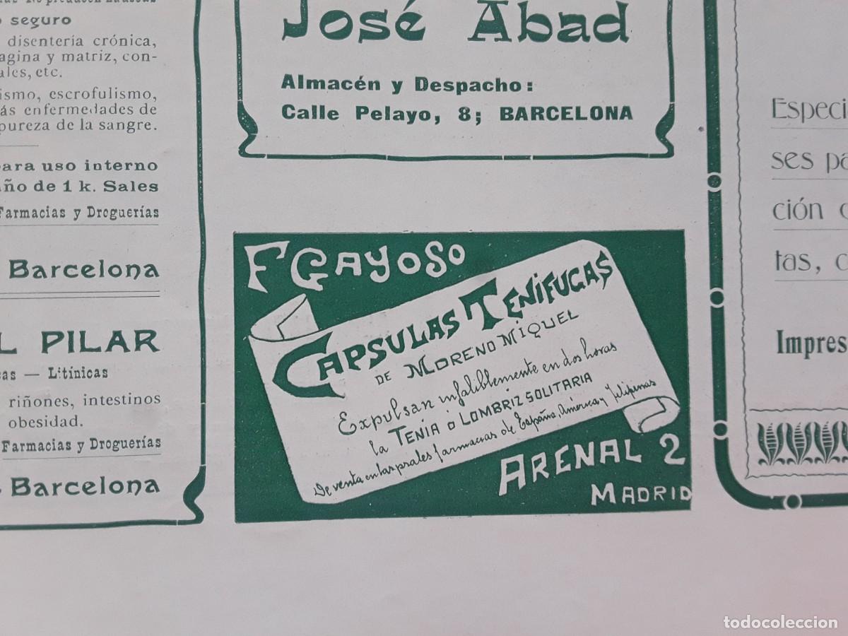 Coleccionismo de carteles: CAPSULAS TENIFUCAS DE MORENO MIQUEL F GAYOSO EXPULSAN LA TENIA FARMACIA HOJA A&Ntilde;O 1903