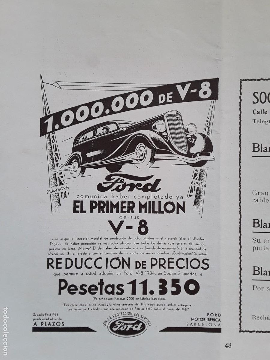 Collezionismo di affissi: 1.000.000 DE V-8 FORD COMUNICA HABER COMPLETADO PRIMER MILLON 11.350 PESETAS HOJA REVISTA A&Ntilde;O 1935