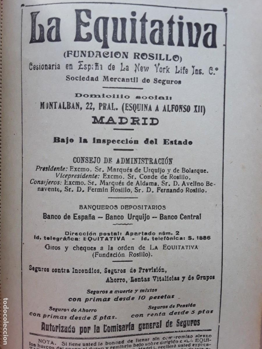 Collezionismo di affissi: LA EQUITATIVA SEGUROS FUNDACION ROSILLO CUPON MARQUES URQUIJO 2 HOJAS REVISTA A&Ntilde;O 1925