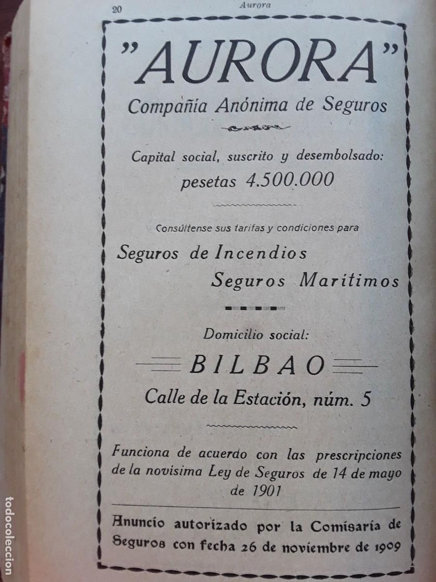 Collezionismo di affissi: AURORA COMPA&Ntilde;IA ANONIMA SEGUROS BILBAO / HIJOS MIGUEL F.PALACIOS SEVILLA MADERAS 2 HOJAS A&Ntilde;O 1925