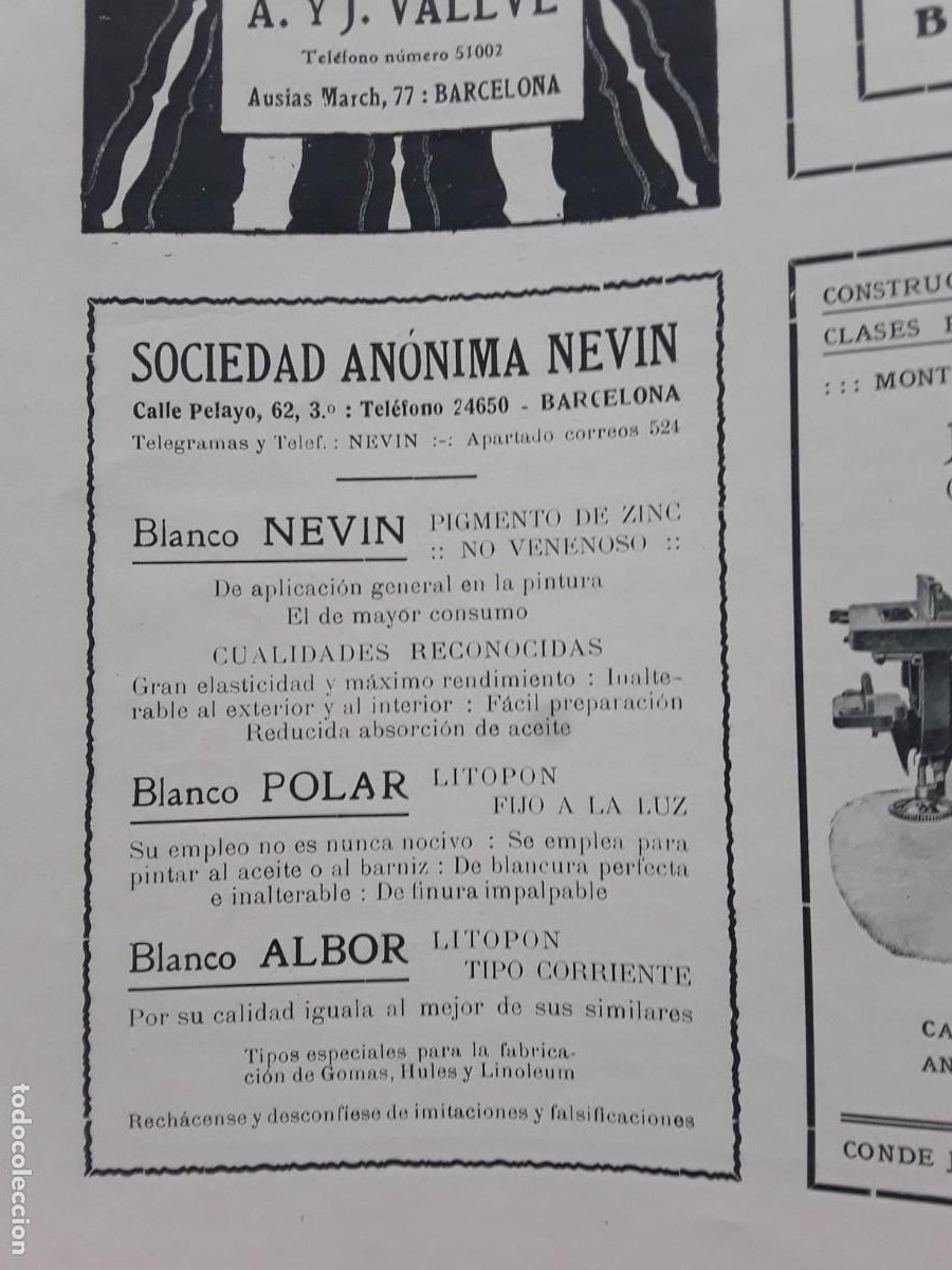 Sammeln von Plakaten: SOCIEDAD ANONIMA NEVIN BARCELONA LITOPON PIGMENTO ZINC BLANCO POLAR ALBOR HOJA A&Ntilde;O 1934