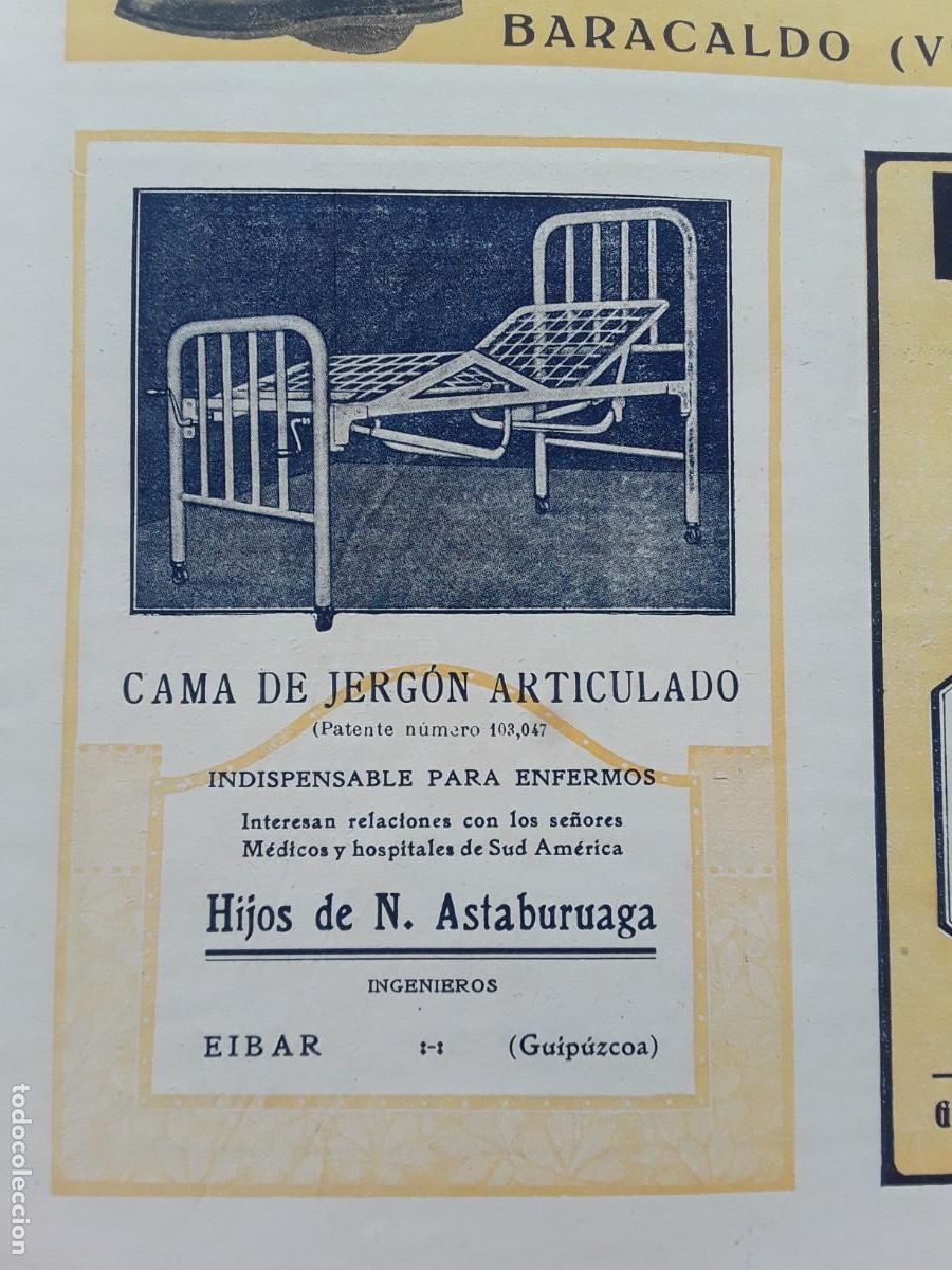 Colecionismo de cartazes: CAMA DE JERGON ARTICULADA INDISPENSABLE PARA ENFERMOS HIJOS DE N.ASTABURUAGA EIBAR HOJA A&Ntilde;O 1934