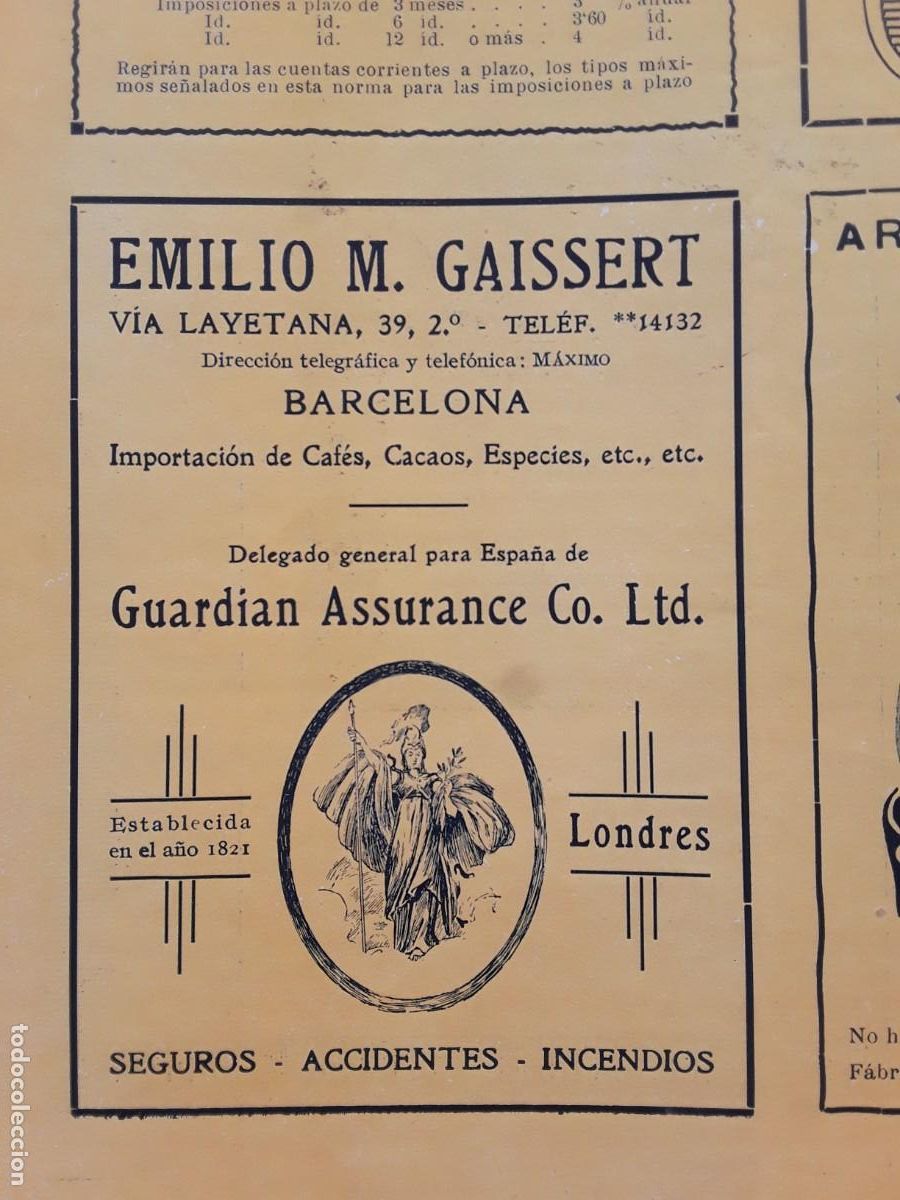 Collezionismo di affissi: EMILIO M.GAISSERT GUARDIAN ASSURANCE LONDRES BARCELONA IMPORTACION CAFES CACAO HOJA A&Ntilde;O 1934