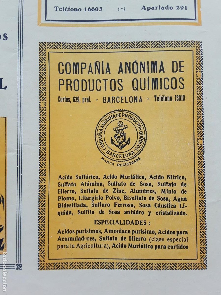 Collezionismo di affissi: COMPA&Ntilde;IA ANONIMA DE PRODUCTOS QUIMICOS BARCELONA ACIDOS AMONIACO SULFATO HIERRO HOJA A&Ntilde;O 1934
