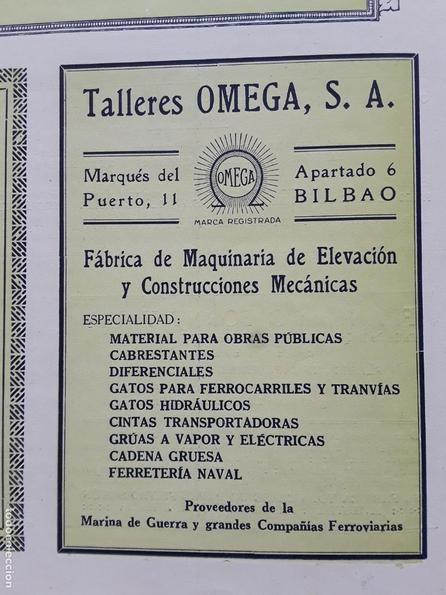 Coleccionismo de carteles: FABRICA MAQUINARIA ELEVACION Y CONSTRUCCIONES MECANICAS TALLERES OMEGA BILBAO HOJA A&Ntilde;O 1933