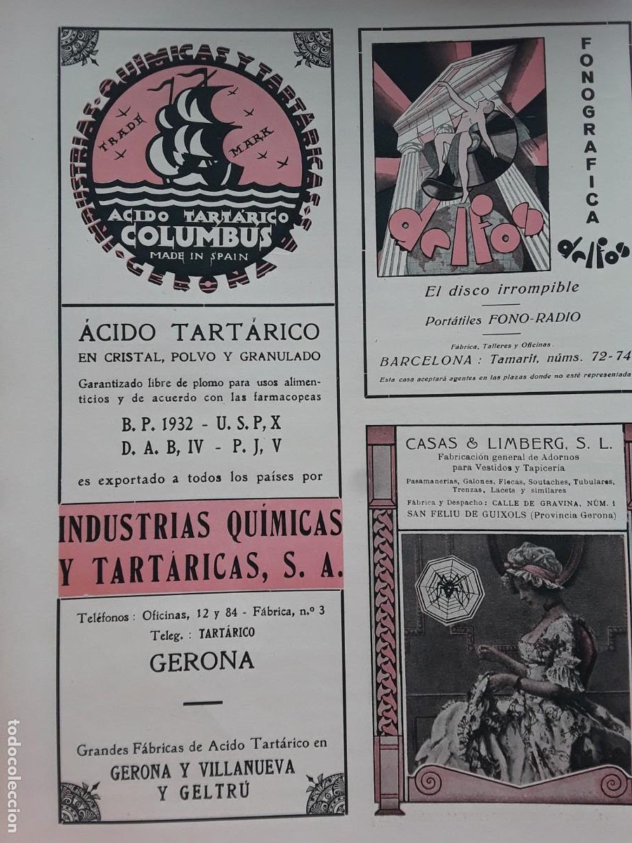 Collezionismo di affissi: INDUSTRIAS QUIMICAS Y TARTARICAS ACIDO COLUMBUS FABRICAS GERONA VILLANUEVA GELTRU HOJA A&Ntilde;O 1933
