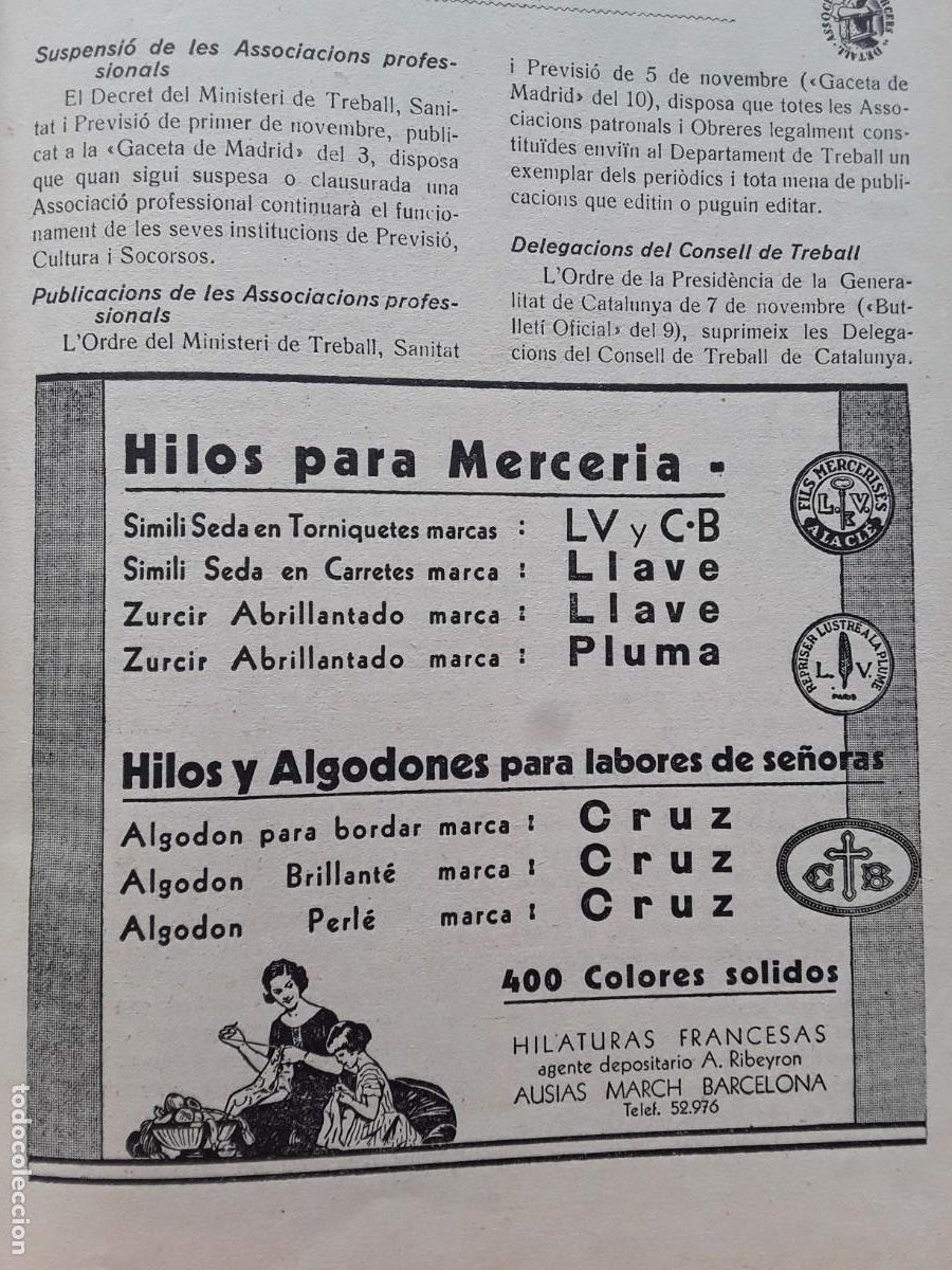 Collezionismo di affissi: HILADURAS FRANCESAS HILOS MERCERIA ALGODONES LABORES SE&Ntilde;ORA BARCELONA HOJA A&Ntilde;O 1935