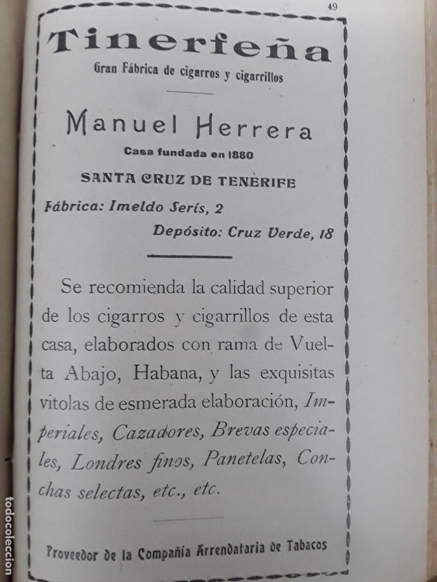Sammeln von Plakaten: GRAN FABRICA DE CIGARROS Y CIGARRILLOS TINERFE&Ntilde;A MANUEL HERRERA SANTA CRUZ TENERIFE HOJA A&Ntilde;O 1925