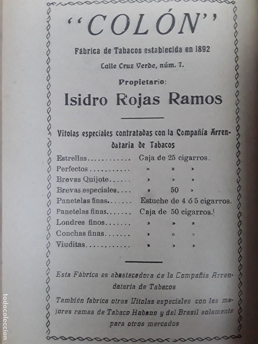 Collectionnisme d'affiches: FABRICA TABACOS COLON ISIDRO ROJAS RAMOS SANTA CRUZ DE TENERIFE HOJA A&Ntilde;O 1925