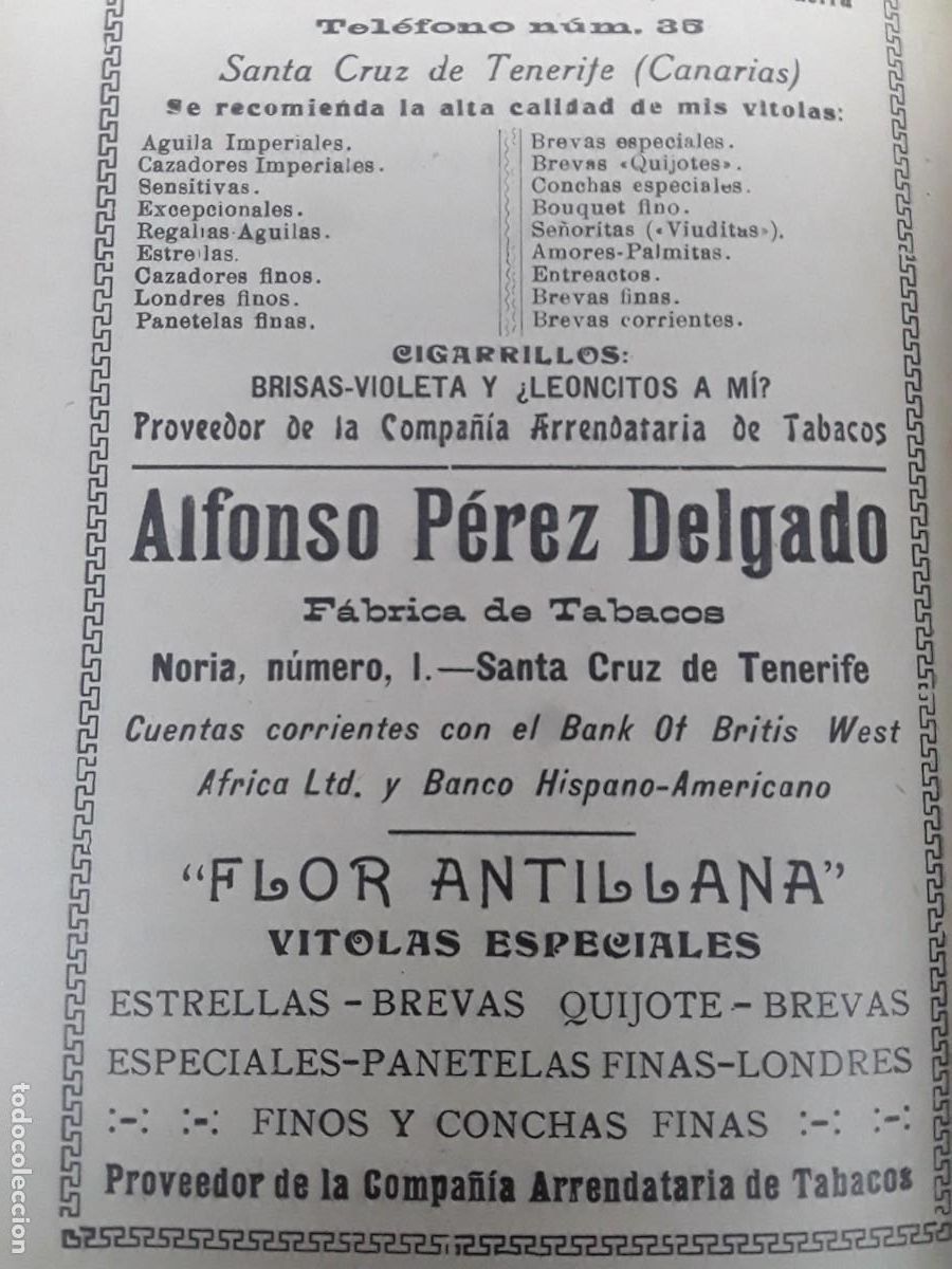 Collezionismo di affissi: FABRICA TABACOS FLOR ANTILLANA DE ALFONSO PEREZ DELGADO SANTA CRUZ DE TENERIFE HOJA A&Ntilde;O 1925