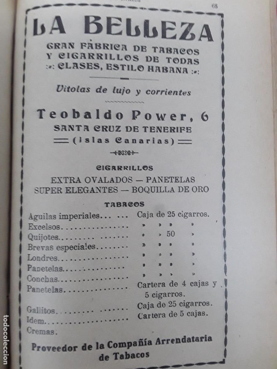 Sammeln von Plakaten: GRAN FABRICA TABACOS CIGARRILLOS LA BELLEZA SANTA CRUZ DE TENERIFE HOJA A&Ntilde;O 1925
