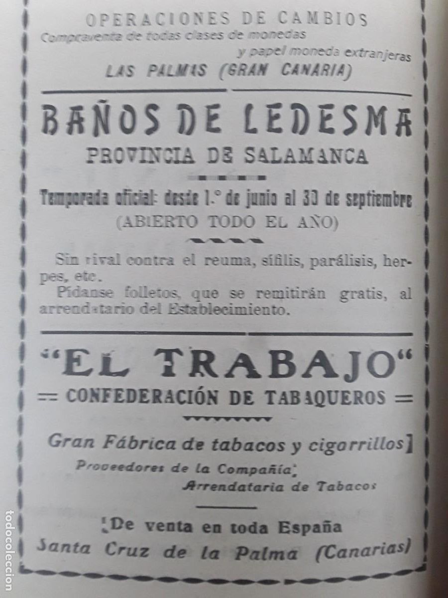 Collezionismo di affissi: GRAN FABRICA TABACOS CIGARRILLOS EL TRABAJO SANTA CRUZ DE LA PALMA CANARIAS HOJA A&Ntilde;O 1925