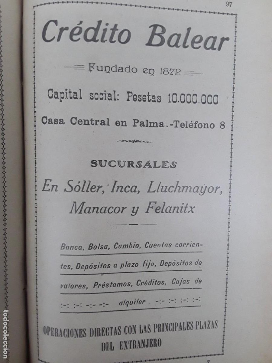 Collezionismo di affissi: CREDITO BALEAR PALMA MALLORCA SOLLER INCA LLUCHMAJOR MANACOR FELANITX HOJA A&Ntilde;O 1925