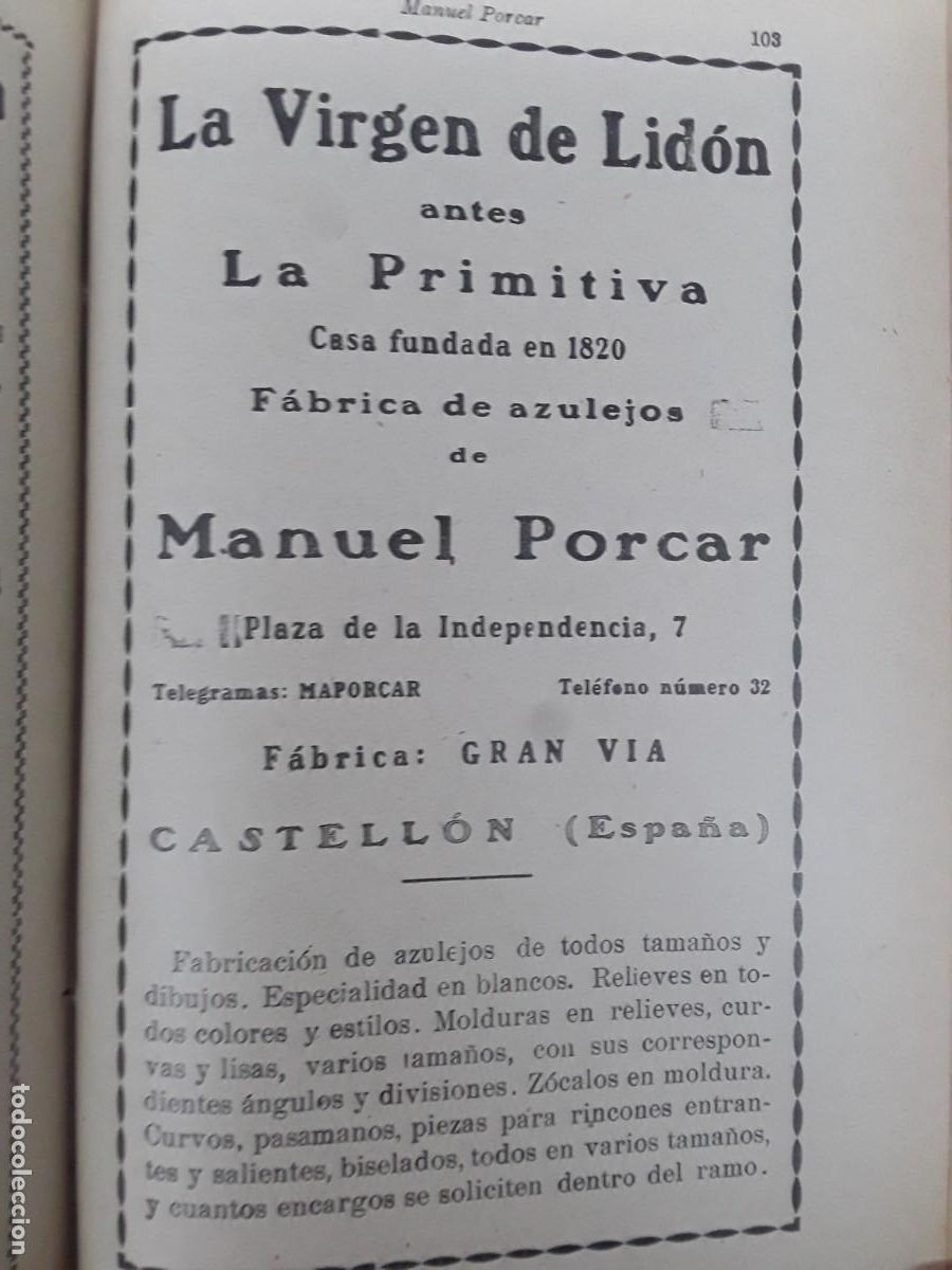 Sammeln von Plakaten: FABRICA AZULEJOS MANUEL PORCAR LA VIRGEN DE LIDON ANTES LA PRIMITIVA CASTELLON HOJA A&Ntilde;O 1925