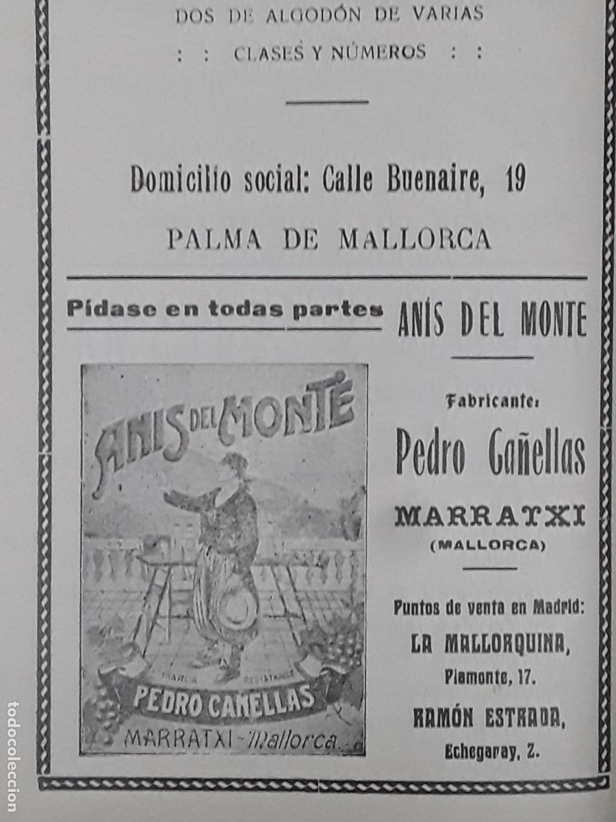 Collectionnisme d'affiches: ANIS DEL MONTE FABRICANTE PEDRO CA&Ntilde;ELLAS MARRATXI MALLORCA HOJA A&Ntilde;O 1925