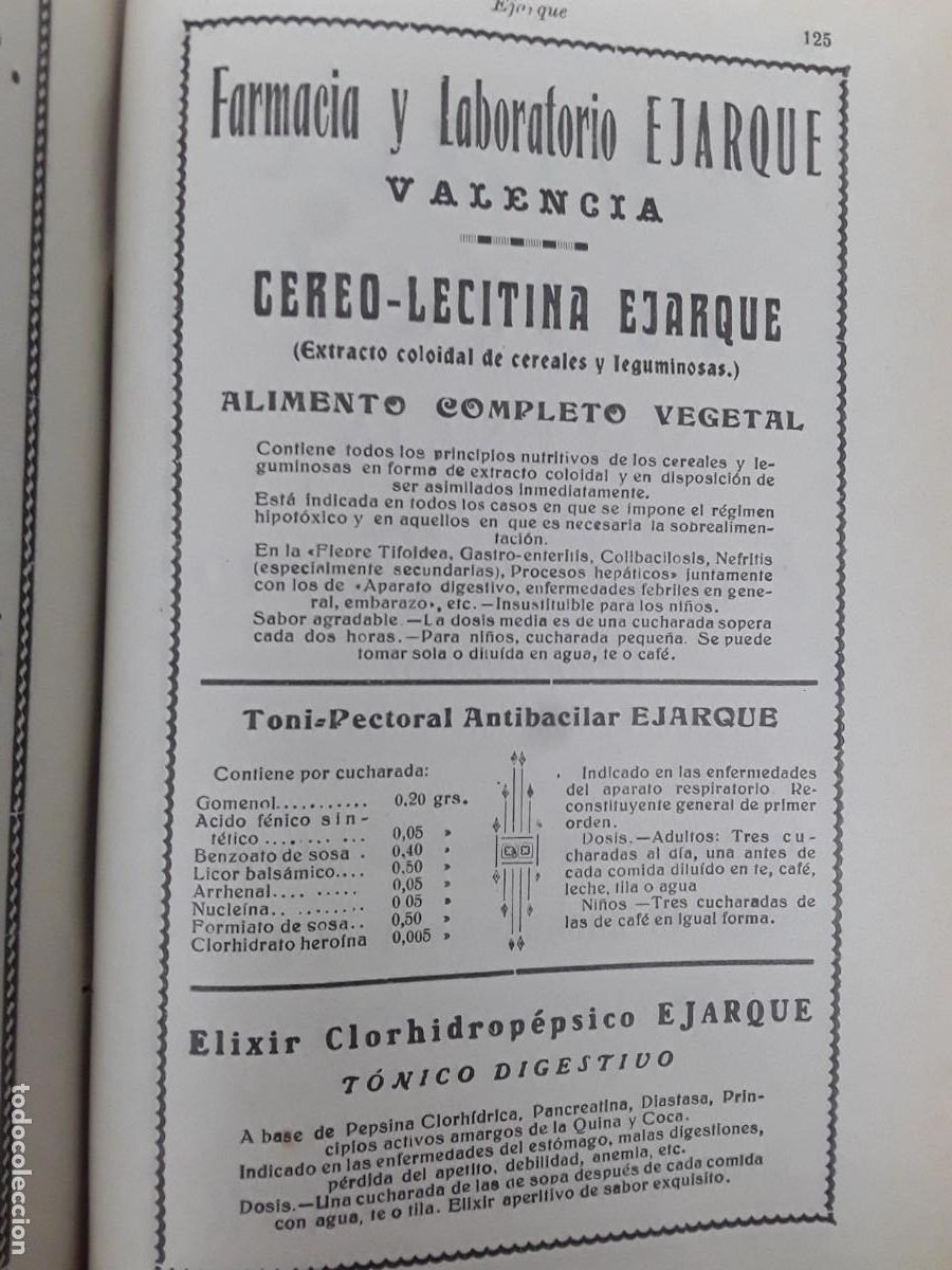 Sammeln von Plakaten: FARMACIA LABORATORIO EJARQUE VALENCIA CEREO-LECITINA TONI-PECTORAL ANTIBACILAR HOJA A&Ntilde;O 1925