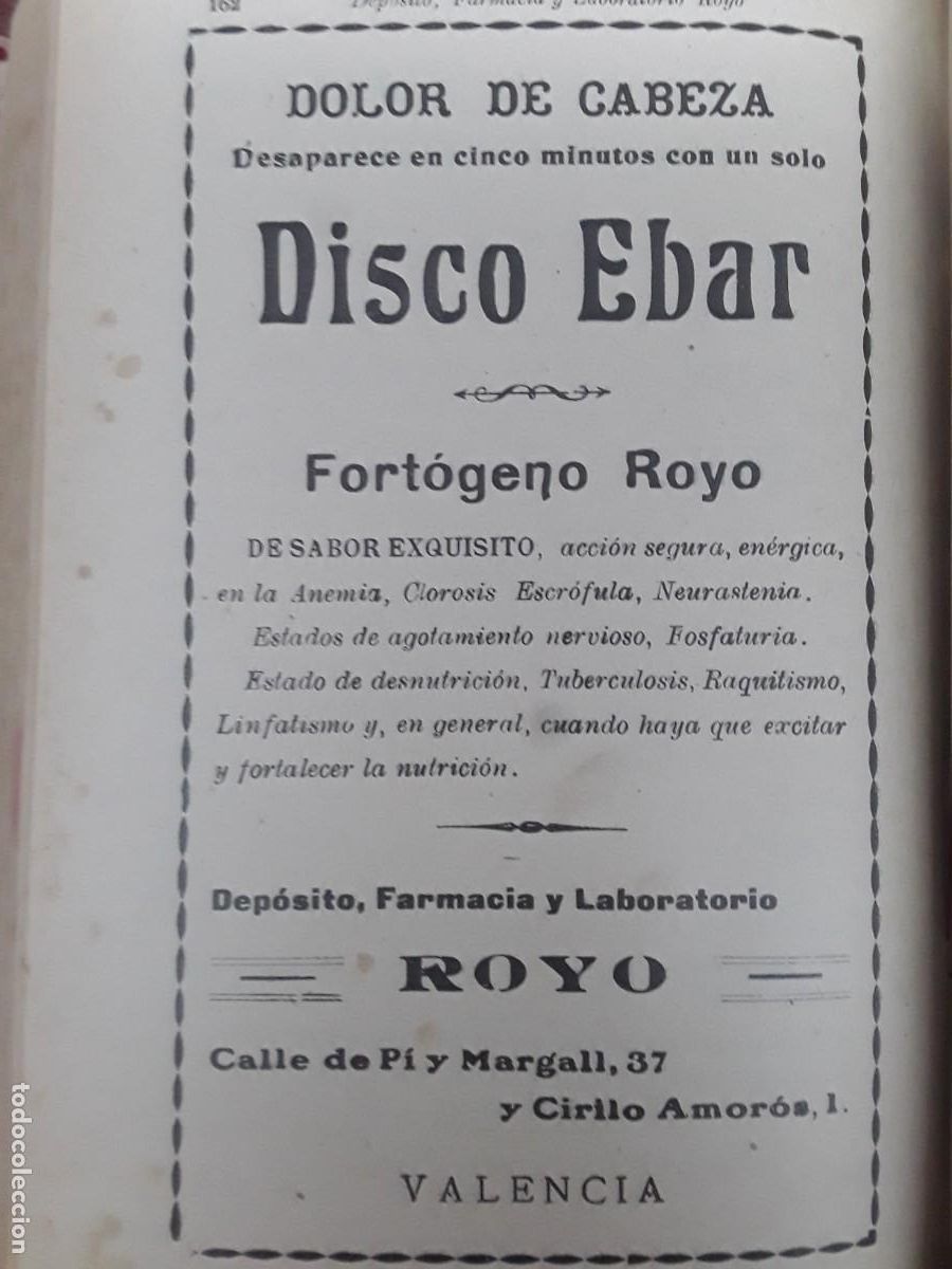 Colecionismo de cartazes: DISCO EBAR DOLOR DE CABEZA FORTOGENO FARMACIA LABORATORIO ROYO VALENCIA HOJA A&Ntilde;O 1925